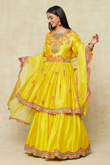 Shop Debyani + CO Yellow Silk Embroidery Round Neck Peplum Kurta Sharara Set Online at Aza Fashions Shop_Debyani + CO_Yellow Silk Embroidery Round Neck Peplum Kurta Sharara Set _Online_at_Aza_Fashions