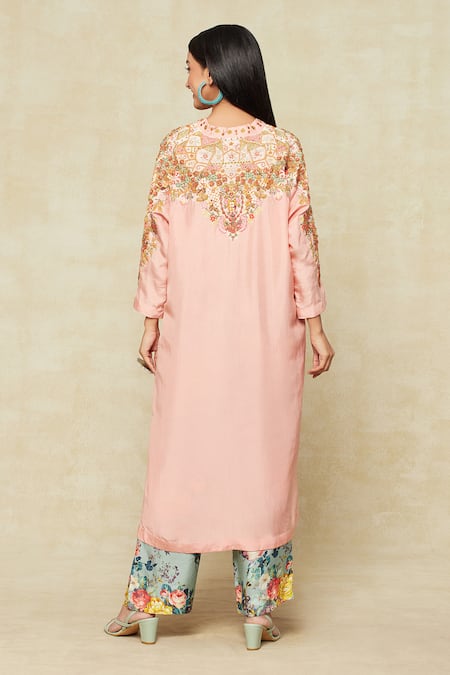 Shop Debyani + CO Pink Cotton Embroidery V-neck Kurta And Pant Set at Aza Fashions Shop_Debyani + CO_Pink Cotton Embroidery V-neck Kurta And Pant Set _at_Aza_Fashions