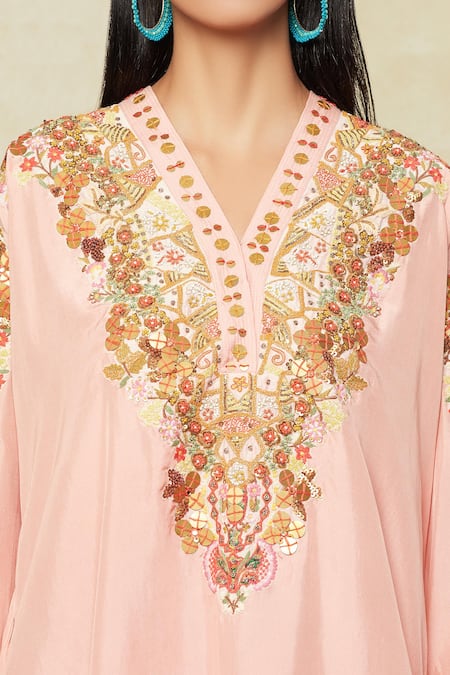 Shop Debyani + CO Pink Cotton Embroidery V-neck Kurta And Pant Set Online at Aza Fashions Shop_Debyani + CO_Pink Cotton Embroidery V-neck Kurta And Pant Set _Online_at_Aza_Fashions