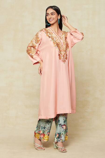 Debyani + CO Pink Cotton Embroidery V-neck Kurta And Pant Set at Aza Fashions Debyani + CO_Pink Cotton Embroidery V-neck Kurta And Pant Set _at_Aza_Fashions