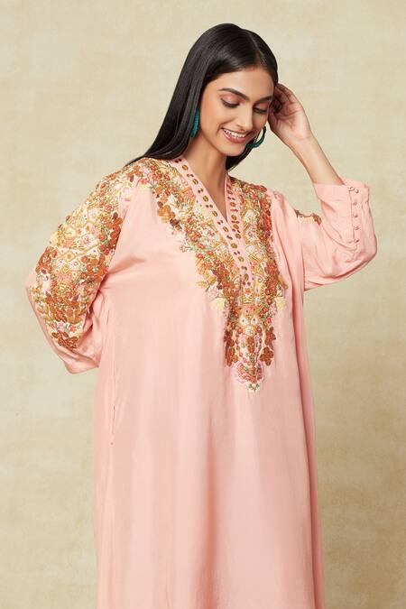Buy Debyani + CO Pink Cotton Embroidery V-neck Kurta And Pant Set Buy_Debyani + CO_Pink Cotton Embroidery V-neck Kurta And Pant Set