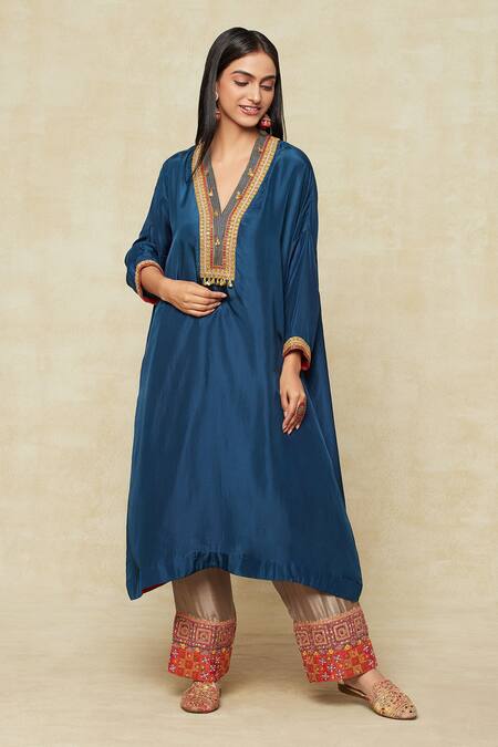 Buy Debyani + CO Blue Silk Embroidery V-neck Yoke Kaftan And Pant Set Online at Aza Fashions Buy_Debyani + CO_Blue Silk Embroidery V-neck Yoke Kaftan And Pant Set _Online_at_Aza_Fashions