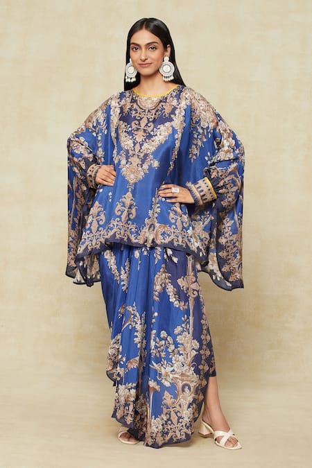 Rajdeep Ranawat Blue Silk Printed Fleur Round Kaftan And Draped Skirt Set 