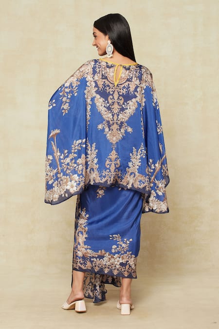 Rajdeep Ranawat Blue Silk Embroidery Round Neck Fleur Print Kaftan And Draped Skirt Set Online at Aza Fashions Rajdeep Ranawat_Blue Silk Embroidery Round Neck Fleur Print Kaftan And Draped Skirt Set _Online_at_Aza_Fashions