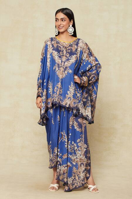 Buy Rajdeep Ranawat Blue Silk Embroidery Round Neck Fleur Print Kaftan And Draped Skirt Set Online at Aza Fashions Buy_Rajdeep Ranawat_Blue Silk Embroidery Round Neck Fleur Print Kaftan And Draped Skirt Set _Online_at_Aza_Fashions