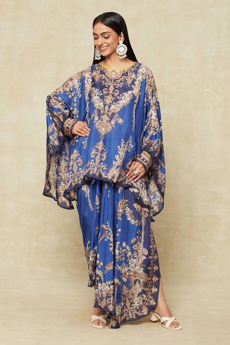 Shop Rajdeep Ranawat Blue Silk Embroidery Round Neck Fleur Print Kaftan And Draped Skirt Set Online at Aza Fashions Shop_Rajdeep Ranawat_Blue Silk Embroidery Round Neck Fleur Print Kaftan And Draped Skirt Set _Online_at_Aza_Fashions