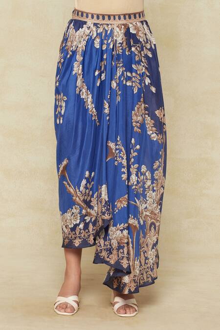 Rajdeep Ranawat Blue Silk Embroidery Round Neck Fleur Print Kaftan And Draped Skirt Set at Aza Fashions Rajdeep Ranawat_Blue Silk Embroidery Round Neck Fleur Print Kaftan And Draped Skirt Set _at_Aza_Fashions