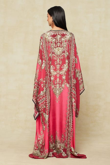 Shop_Rajdeep Ranawat_Fuchsia Silk Embroidery V-neck Fleur Print Kaftan_at_Aza_Fashions