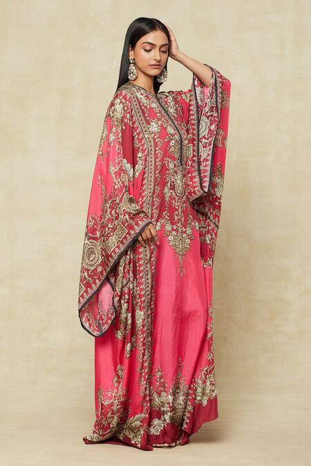 Rajdeep Ranawat_Fuchsia Silk Embroidery V-neck Fleur Print Kaftan_Online_at_Aza_Fashions