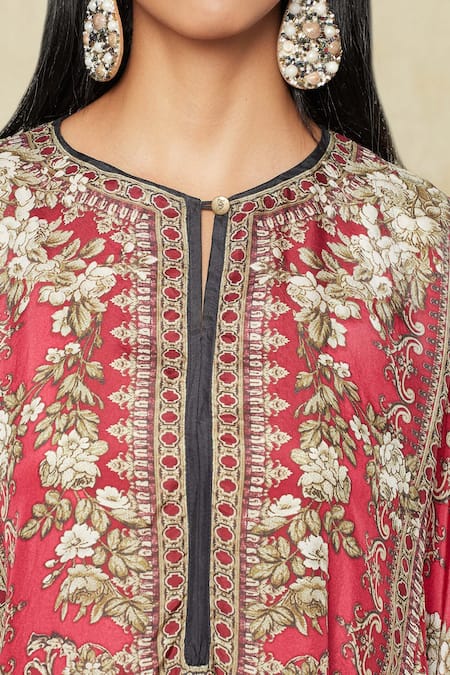 Buy_Rajdeep Ranawat_Fuchsia Silk Embroidery V-neck Fleur Print Kaftan_Online_at_Aza_Fashions
