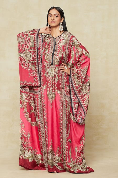Shop_Rajdeep Ranawat_Fuchsia Silk Embroidery V-neck Fleur Print Kaftan_Online_at_Aza_Fashions