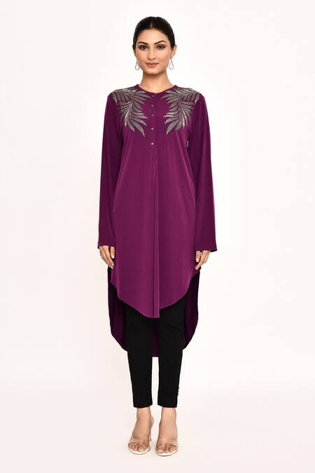 Namrata Joshipura_Purple Embroidery Round Neck Tropical Leaves Tunic_Online_at_Aza_Fashions