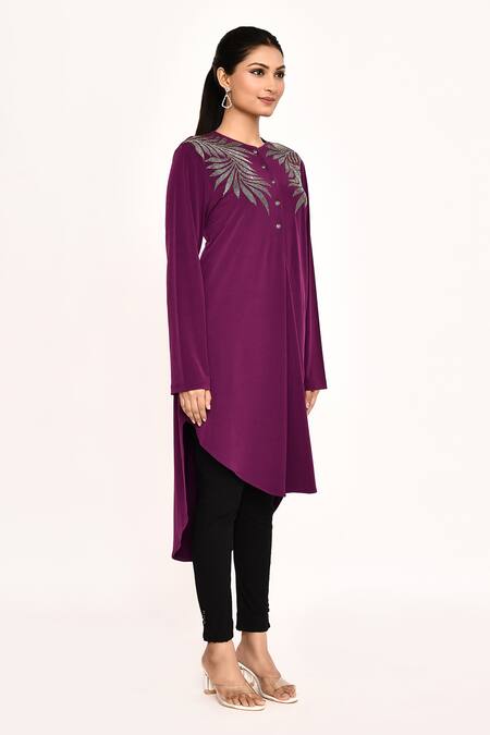 Buy_Namrata Joshipura_Purple Embroidery Round Neck Tropical Leaves Tunic_Online_at_Aza_Fashions