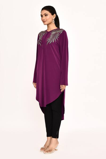 Shop_Namrata Joshipura_Purple Embroidery Round Neck Tropical Leaves Tunic_Online_at_Aza_Fashions