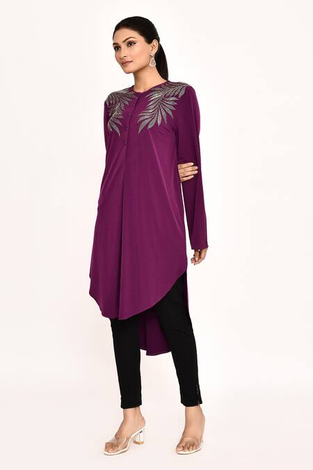 Namrata Joshipura_Purple Embroidery Round Neck Tropical Leaves Tunic_at_Aza_Fashions