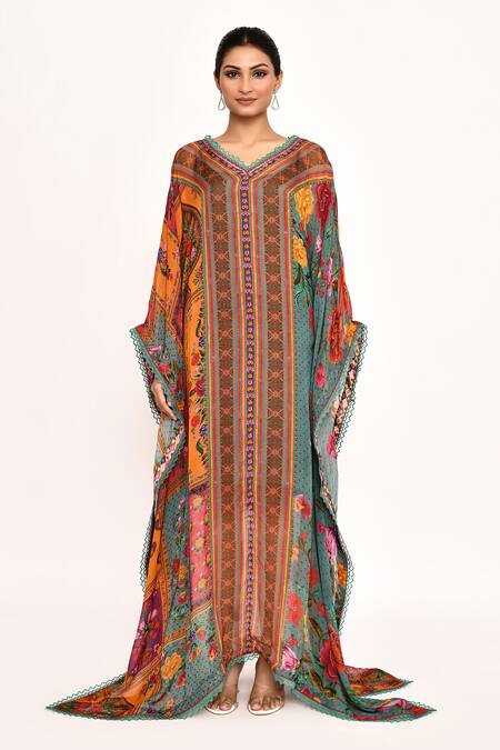 Buy_Torani_Multi Color Floral Tropical Print Kaftan_Online_at_Aza_Fashions