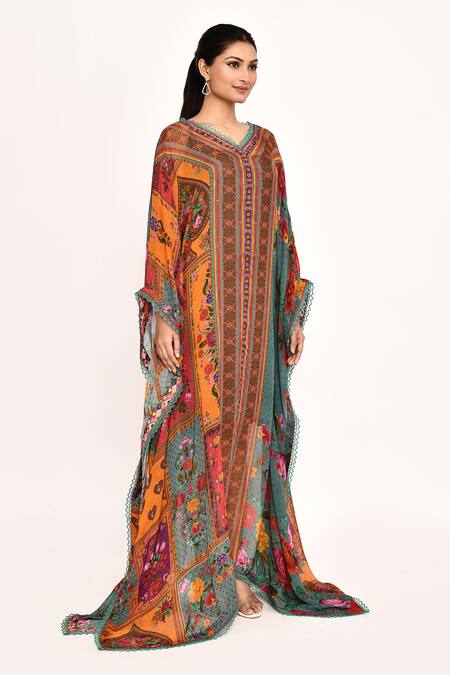 Torani_Multi Color Floral Tropical Print Kaftan_at_Aza_Fashions