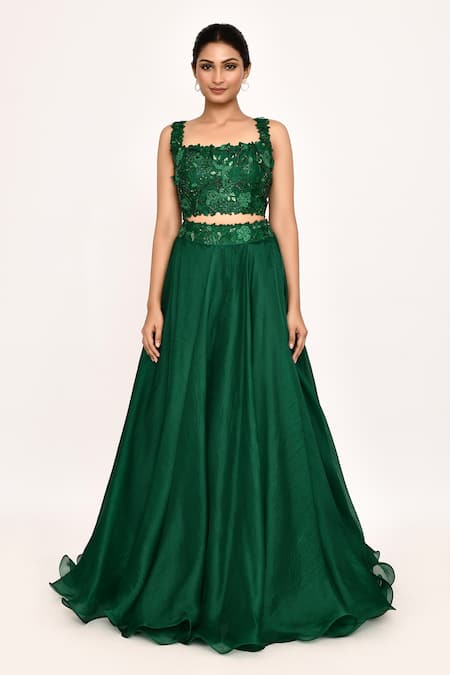 Buy_Anushree Reddy_Emerald Green Organza Embroidery Square Neck Floral Cape Lehenga Set _Online_at_Aza_Fashions