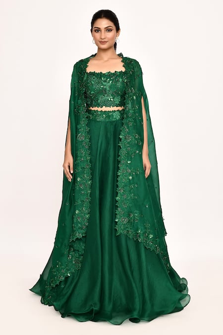 Shop_Anushree Reddy_Emerald Green Organza Embroidery Square Neck Floral Cape Lehenga Set _Online_at_Aza_Fashions