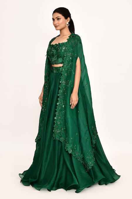 Anushree Reddy_Emerald Green Organza Embroidery Square Neck Floral Cape Lehenga Set _at_Aza_Fashions
