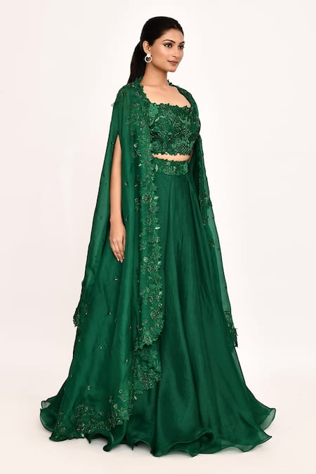 Buy_Anushree Reddy_Emerald Green Organza Embroidery Square Neck Floral Cape Lehenga Set 