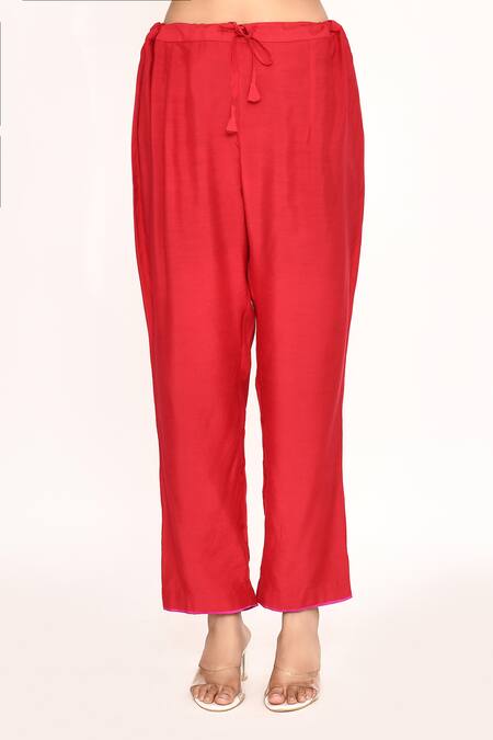 Anushree Reddy_Red Silk, Chiffon Embroidery Split V-neck Zardozi Flower Kurta Set _Online_at_Aza_Fashions