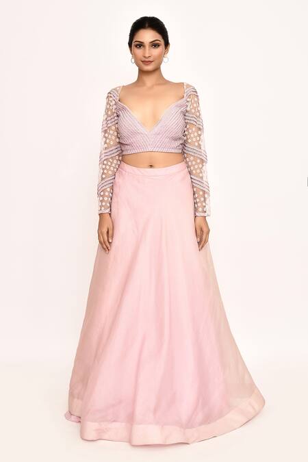 Buy_COUTURE BY NIHARIKA_Pink Silk Embroidery V-neck Blouse Lehenga Set _Online_at_Aza_Fashions