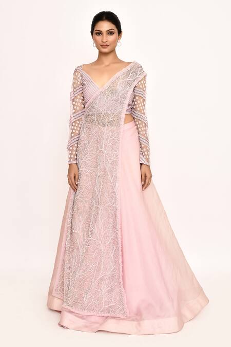 Shop_COUTURE BY NIHARIKA_Pink Silk Embroidery V-neck Blouse Lehenga Set _Online_at_Aza_Fashions