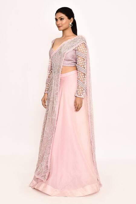 COUTURE BY NIHARIKA_Pink Silk Embroidery V-neck Blouse Lehenga Set _at_Aza_Fashions