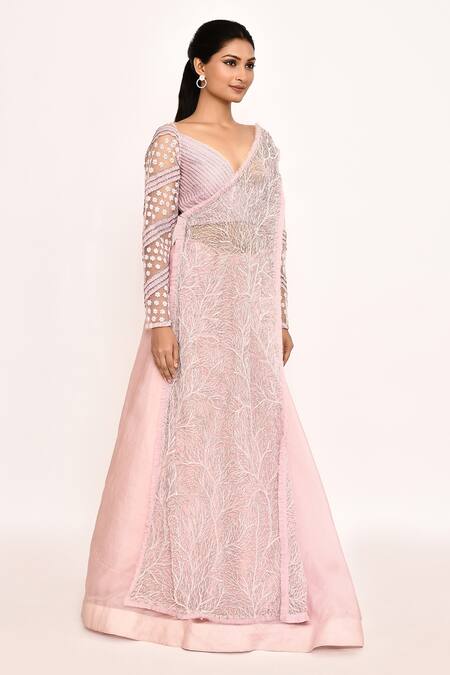 Buy_COUTURE BY NIHARIKA_Pink Silk Embroidery V-neck Blouse Lehenga Set 