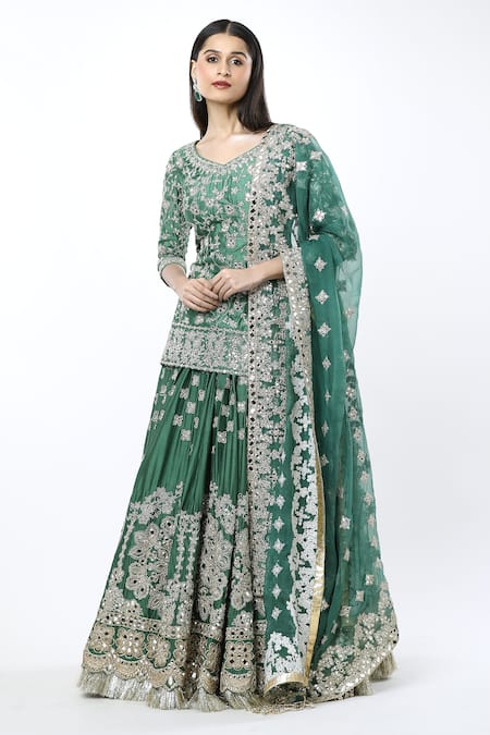 Abhinav Mishra_Green Silk, Chiffon Zari, Embroidery Boat Neck Zardozi Lehenga Kurta Set _Online_at_Aza_Fashions