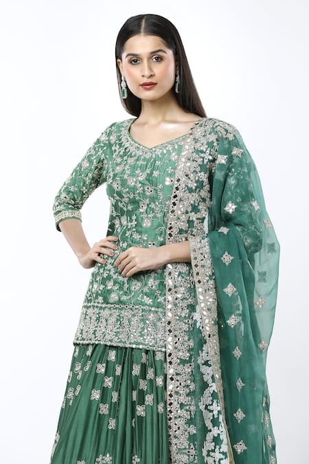 Buy_Abhinav Mishra_Green Silk, Chiffon Zari, Embroidery Boat Neck Zardozi Lehenga Kurta Set _Online_at_Aza_Fashions