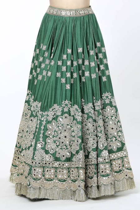 Shop_Abhinav Mishra_Green Silk, Chiffon Zari, Embroidery Boat Neck Zardozi Lehenga Kurta Set _Online_at_Aza_Fashions
