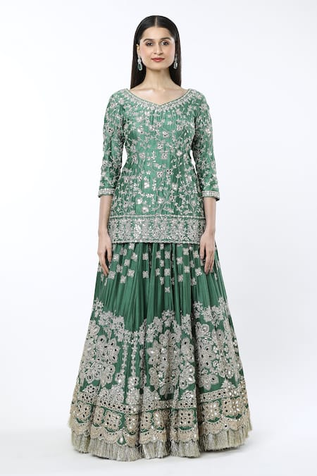 Abhinav Mishra_Green Silk, Chiffon Zari, Embroidery Boat Neck Zardozi Lehenga Kurta Set _at_Aza_Fashions