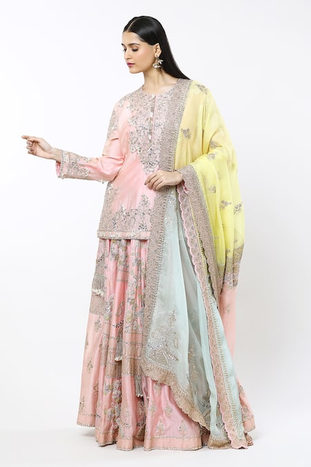 Anamika Khanna Pink Embroidered Floral Kurta Round Sharara Set 