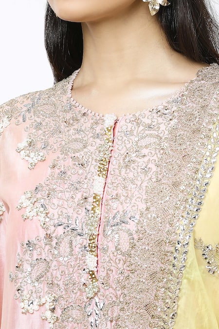 Buy Pink Cotton, Chiffon, Silk Embroidery, Sequins, Zari Floral