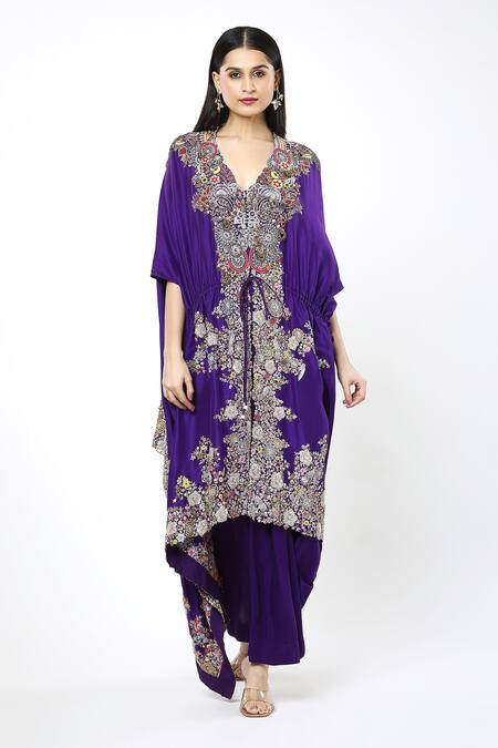 Anamika Khanna Purple Chiffon Embroidery V-neck Botanic Kaftan And Draped Skirt Set Online at Aza Fashions Anamika Khanna_Purple Chiffon Embroidery V-neck Botanic Kaftan And Draped Skirt Set_Online_at_Aza_Fashions