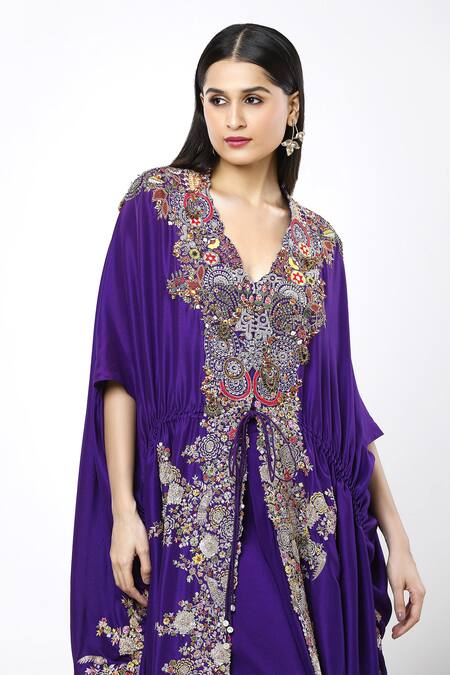 Buy Anamika Khanna Purple Chiffon Embroidery V-neck Botanic Kaftan And Draped Skirt Set Online at Aza Fashions Buy_Anamika Khanna_Purple Chiffon Embroidery V-neck Botanic Kaftan And Draped Skirt Set_Online_at_Aza_Fashions