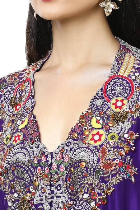 Shop Anamika Khanna Purple Chiffon Embroidery V-neck Botanic Kaftan And Draped Skirt Set Online at Aza Fashions Shop_Anamika Khanna_Purple Chiffon Embroidery V-neck Botanic Kaftan And Draped Skirt Set_Online_at_Aza_Fashions