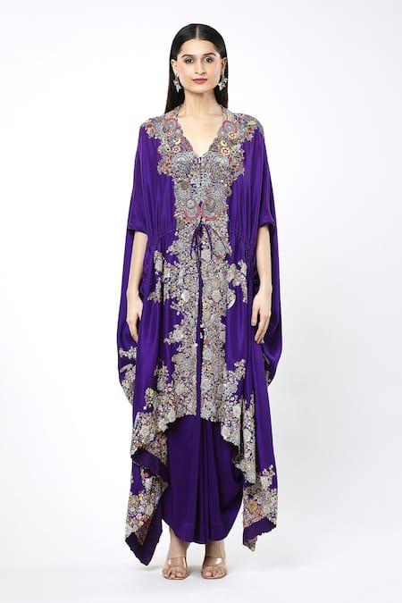 Buy Anamika Khanna Purple Chiffon Embroidery V-neck Botanic Kaftan And Draped Skirt Set Buy_Anamika Khanna_Purple Chiffon Embroidery V-neck Botanic Kaftan And Draped Skirt Set