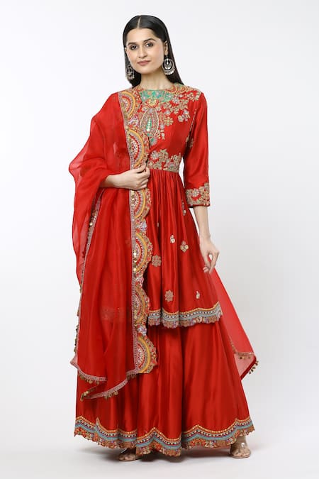 Debyani + Co Red Embroidered Floral Closed Round Ambi Butti Peplum Kurta Sharara Set 