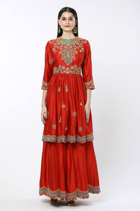 Debyani + CO Red Embroidery Round Neck Ambi Butti Peplum Kurta Sharara Set Online at Aza Fashions Debyani + CO_Red Embroidery Round Neck Ambi Butti Peplum Kurta Sharara Set _Online_at_Aza_Fashions