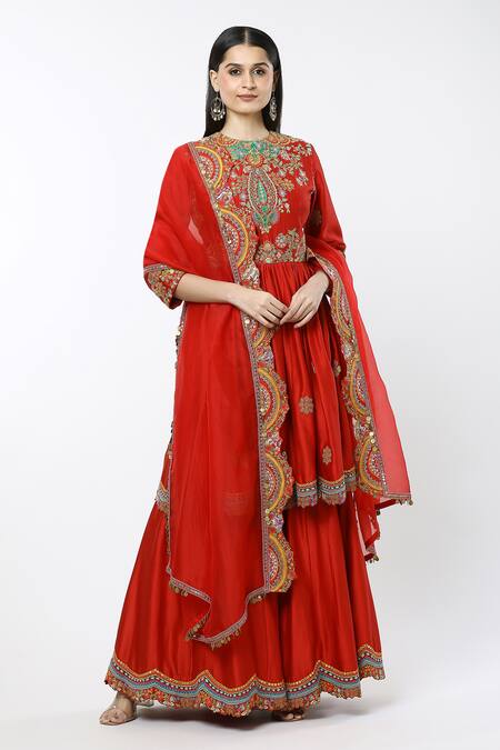 Buy Debyani + CO Red Embroidery Round Neck Ambi Butti Peplum Kurta Sharara Set Online at Aza Fashions Buy_Debyani + CO_Red Embroidery Round Neck Ambi Butti Peplum Kurta Sharara Set _Online_at_Aza_Fashions