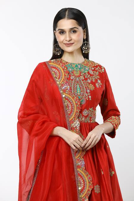 Shop Debyani + CO Red Embroidery Round Neck Ambi Butti Peplum Kurta Sharara Set Online at Aza Fashions Shop_Debyani + CO_Red Embroidery Round Neck Ambi Butti Peplum Kurta Sharara Set _Online_at_Aza_Fashions