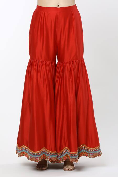 Buy Debyani + CO Red Embroidery Round Neck Ambi Butti Peplum Kurta Sharara Set Buy_Debyani + CO_Red Embroidery Round Neck Ambi Butti Peplum Kurta Sharara Set