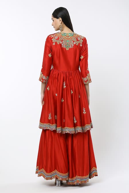 Shop Debyani + CO Red Embroidery Round Neck Ambi Butti Peplum Kurta Sharara Set at Aza Fashions Shop_Debyani + CO_Red Embroidery Round Neck Ambi Butti Peplum Kurta Sharara Set _at_Aza_Fashions
