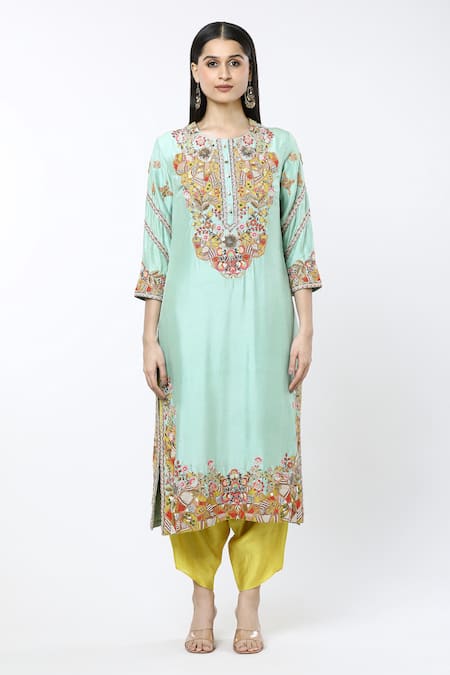 Debyani + CO Blue Cotton Embroidery Round Neck Floral Jaal Kurta Set Online at Aza Fashions Debyani + CO_Blue Cotton Embroidery Round Neck Floral Jaal Kurta Set _Online_at_Aza_Fashions