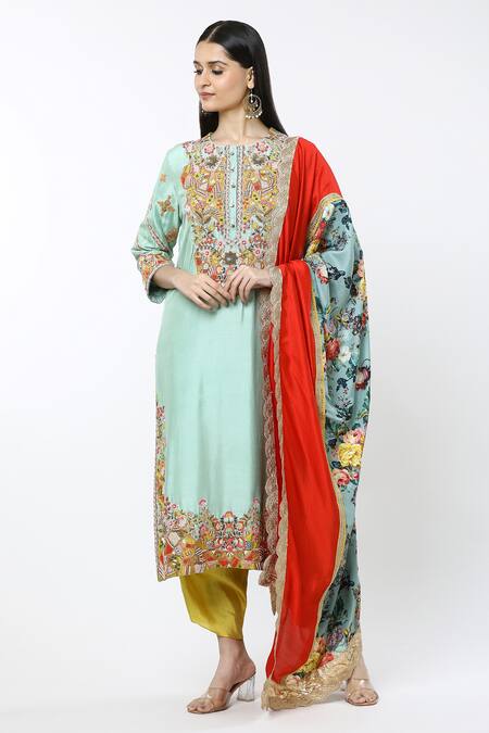 Buy Debyani + CO Blue Cotton Embroidery Round Neck Floral Jaal Kurta Set Online at Aza Fashions Buy_Debyani + CO_Blue Cotton Embroidery Round Neck Floral Jaal Kurta Set _Online_at_Aza_Fashions