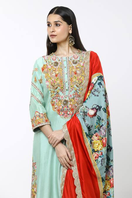 Shop Debyani + CO Blue Cotton Embroidery Round Neck Floral Jaal Kurta Set Online at Aza Fashions Shop_Debyani + CO_Blue Cotton Embroidery Round Neck Floral Jaal Kurta Set _Online_at_Aza_Fashions