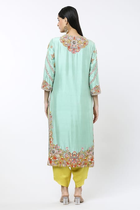 Shop Debyani + CO Blue Cotton Embroidery Round Neck Floral Jaal Kurta Set at Aza Fashions Shop_Debyani + CO_Blue Cotton Embroidery Round Neck Floral Jaal Kurta Set _at_Aza_Fashions